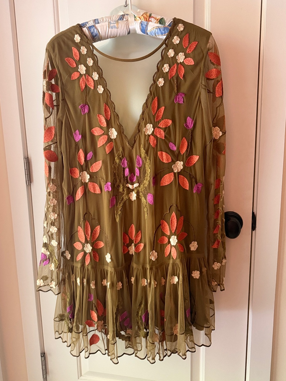 Free People Olive Embroidered Floral V-Neck Women's Top